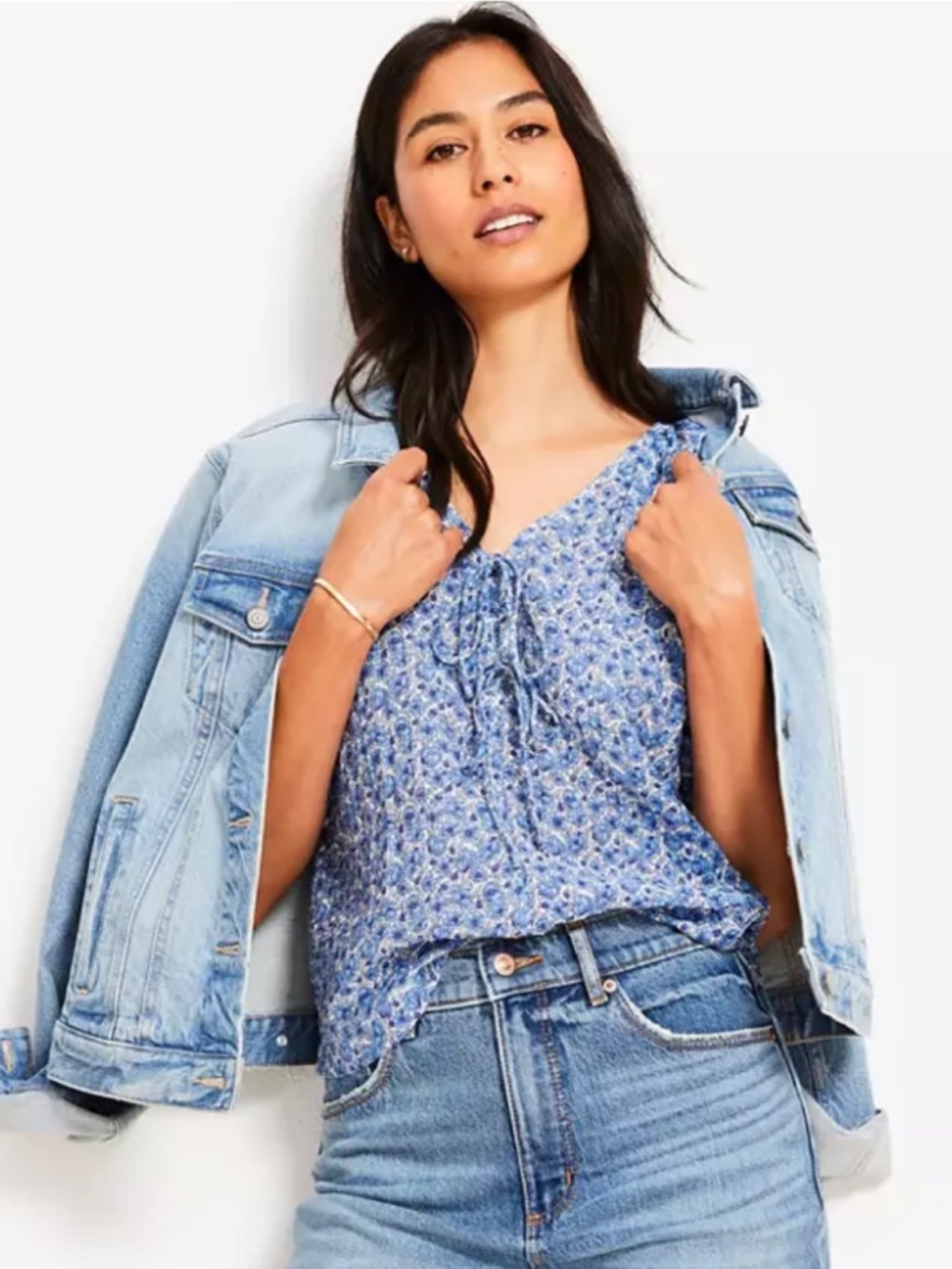 LOFT Blue Floral Tie-Front Blouse